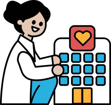 Beyaz laboratuvar önlüklü bir kadın bir binanın önünde kalp tutuyor. Bina bir hastane.