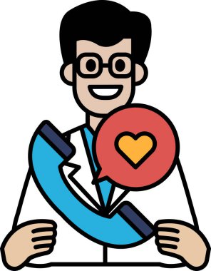 Üzerinde kırmızı kalp olan telefonu tutan beyaz laboratuvar önlüklü bir adam. Gülümsüyor ve mutlu.