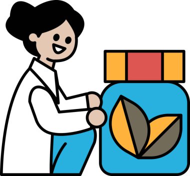 Beyaz laboratuvar önlüklü bir kadın elinde bir kavanoz ilaç tutuyor. Gülümsüyor ve mutlu.