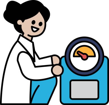 Bir kadın terazide oturuyor ve gülümsüyor. Terazi mavi ve kırmızı noktalı.