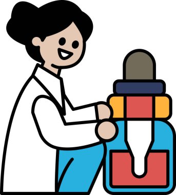 Beyaz laboratuvar önlüklü bir kadın elinde bir şişe ilaç tutuyor. Gülümsüyor ve mutlu.