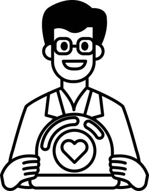 Bir adam kalp şeklinde bir nesne tutuyor. Gülümsüyor ve gözlük takıyor. Sıcaklık ve mutluluk kavramı