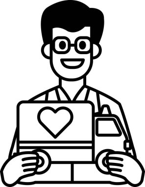 Adamın biri dizüstü bilgisayar tutuyor ve gülümsüyor. Laptopun üzerinde bir kalp var. Adam gözlük takıyor.