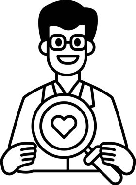 Bir adam büyüteç tutuyor ve gülümsüyor. Merak ve merak kavramı