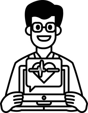 Adamın biri dizüstü bilgisayar tutuyor ve gülümsüyor. Ekranda bir kalp tutuyor. Mutluluk ve pozitiflik kavramı