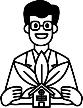 Bir adam kollarında bir bitki ve bir ev tutuyor. Gülümsüyor ve mutlu.