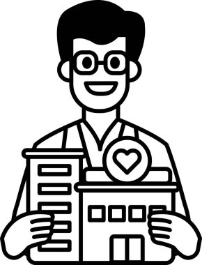 Bir adam bir bina tutuyor ve gülümsüyor. Binanın üzerinde bir kalp var. Adam gözlük takıyor.