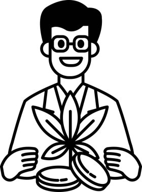 Bir adam elinde bitki ve bozuk para tutuyor. Adam gülümsüyor ve mutlu. Bozuk paralar fabrikanın etrafına saçılmış ve adam onları elinde tutuyor. Neşe ve olumluluk kavramı