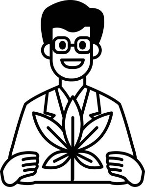 Yapraklı yeşil bir bitki tutan laboratuvar önlüklü bir adam. Gülümsüyor ve mutlu.