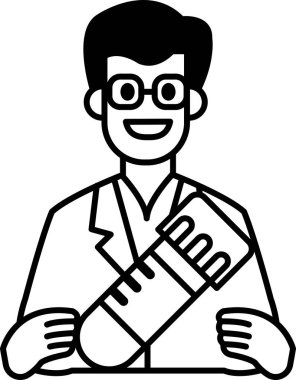 Elinde termometre tutan laboratuvar önlüklü bir adam. Gülümsüyor ve mutlu.