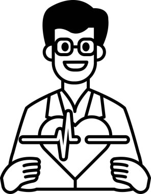 Elinde kalp tutan beyaz laboratuvar önlüklü bir adam. Adam gülümsüyor ve mutlu.