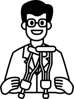 İki koltuk değneği tutan laboratuvar önlüklü bir adam. Gülümsüyor. Görüntü siyah ve beyaz.