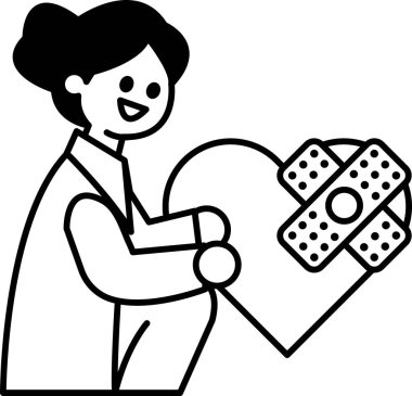 Bir kadın bir kalp ve bandaj tutuyor. Kadın gülümsüyor ve kalbi açık. Kalbinde bandaj var ve görünür durumda değil. Bakım ve sevgi kavramı