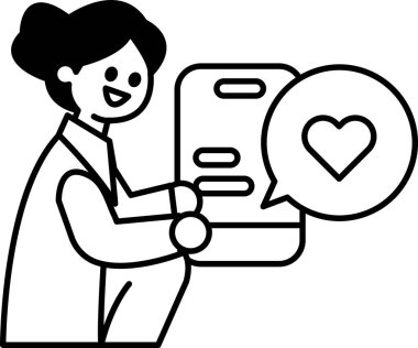 Bir kadın cep telefonu tutuyor ve gülümsüyor. Telefonun üzerinde kalp sembolü var. Mutluluk ve sıcaklık kavramı