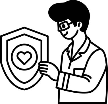 Bir adam üzerinde kalp olan bir kalkan tutuyor. Kalkan siyah beyaz. Adam gülümsüyor.