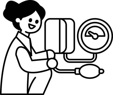 Bir kadın kan basıncı monitörünün önünde oturuyor. Gülümsüyor ve mutlu.