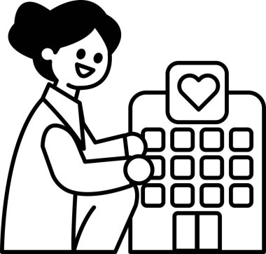 Yerde, üzerinde kalp olan bir binanın yanında bir kadın oturuyor. Gülümsüyor ve elinde bir şey tutuyor.