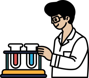 Önlüklü bir adam iki test tüpü tutuyor. Gülümsüyor ve işinden zevk alıyor.