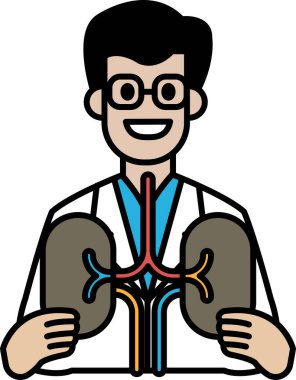 Beyaz laboratuvar önlüklü bir adam böbreklerin diyagramını tutuyor. Gülümsüyor ve mutlu.