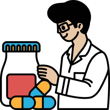 Beyaz laboratuvar önlüklü bir adam elinde bir kavanoz hap tutuyor. Gülümsüyor ve keyfi yerinde.