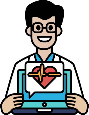 Adamın biri elinde üzerinde kalp olan bir laptop tutuyor. Gülümsüyor ve mutlu.