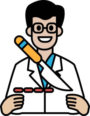 Beyaz önlüklü, elinde bıçak olan ve gülümseyen bir adam. Tıbbi alanda güven ve uzmanlık kavramı