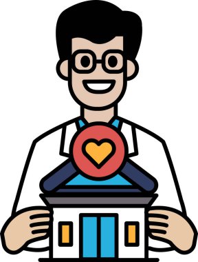 Bir adam elinde bir ev tutuyor ve gülümsüyor. Evin üzerinde bir kalp var, bu da oranın sevgi ve sıcaklık yeri olduğunu gösteriyor. Adamın gülümsemesi ve evin kalbi mutluluğu simgeliyor.