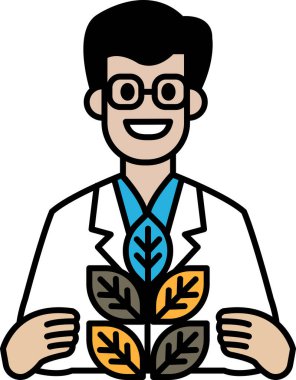 Elinde bitki tutan laboratuvar önlüklü bir adam. Adam gülümsüyor ve mutlu.