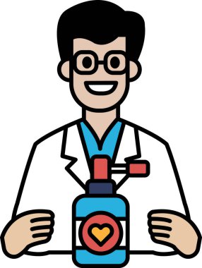 Üzerinde kalp olan mavi bir şişe taşıyan beyaz laboratuvar önlüklü bir adam. Gülümsüyor ve mutlu.