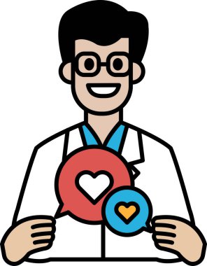 Yüzünde gülümseme olan kalp şeklinde bir işaret taşıyan beyaz laboratuvar önlüklü bir adam. Tabela 