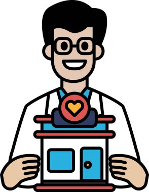 Bir adam elinde bir bina tutuyor. Binanın üzerinde bir kalp var. Adam gülümsüyor.