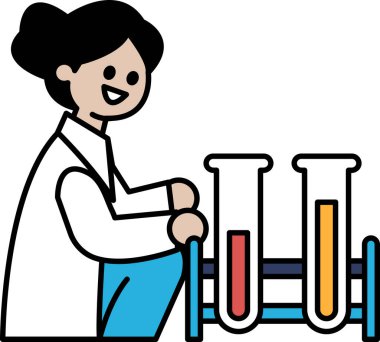 Laboratuvar önlüklü bir kadın elinde iki beher ile laboratuvar tezgahının önünde oturuyor. Gülümsüyor ve işinden zevk alıyor.