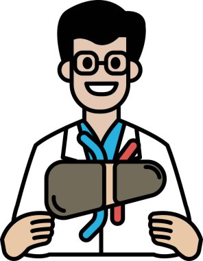 Elinde tıbbi bir cihaz tutan beyaz laboratuvar önlüklü bir çizgi film adamı. Gülümsüyor ve mutlu.