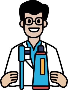 Elinde diş fırçası ve bir şişe diş macunu tutan beyaz önlüklü bir adam. Gülümsüyor ve dişçi.