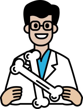 Elinde iki kemik tutan bir karikatür doktoru. Çizgi film neşeli ve mizahi. Doktor beyaz laboratuvar önlüğü ve gözlük takıyor.