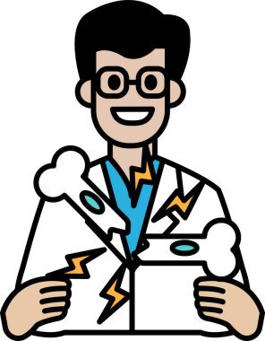 Laboratuvar önlüklü bir karikatürist elinde iki kırık kemik tutuyor. Gülümsüyor ve mutlu.