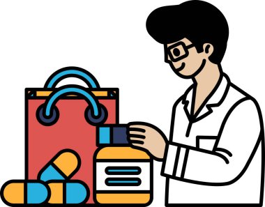 Bir adam elinde bir kutu hap ve bir çanta tutuyor. Gülümsüyor ve mutlu.