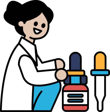 Beyaz laboratuvar önlüklü bir kadın yerde bir ilaç şişesinin yanında oturuyor. Gülümsüyor ve mutlu.