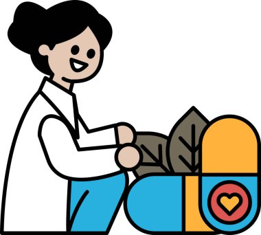 Beyaz laboratuvar önlüklü bir kadın yerde bir bitkinin yanında oturuyor. Gülümsüyor ve mutlu.