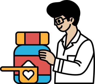 Bir adam elinde bir şişe toz ve bir kaşık tutuyor. Gülümsüyor ve mutlu.