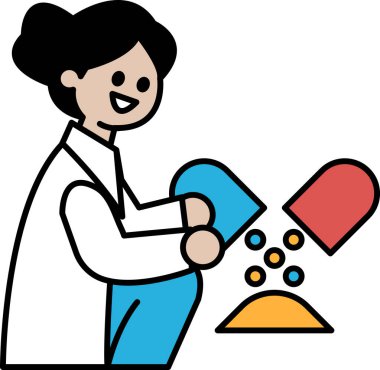 Beyaz önlüklü bir kadın ilaç şişesi ve hap tutuyor. Gülümsüyor ve mutlu.