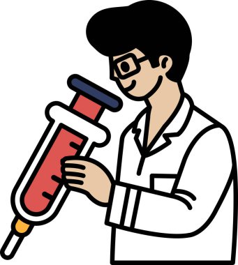 Beyaz laboratuvar önlüklü bir adam elinde şırınga tutuyor. Şırınga kırmızı ve siyah kapağı var. Adam gülümsüyor.