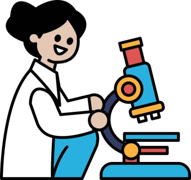 Bir kadın mikroskopta oturuyor. Gülümsüyor ve mutlu. Bilimsel süreç hakkında merak ve heyecan kavramı