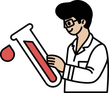 Laboratuvar önlüklü bir adam içinde kırmızı sıvı bulunan bir test tüpü tutuyor. Bilimsel merak ve deney kavramı