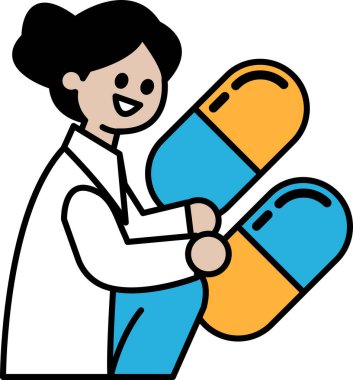 İki hap taşıyan bir kadın karikatürü, biri mavi ve biri turuncu. Kadın gülümsüyor ve bir doktor. Olumlu ve mutluluk kavramı