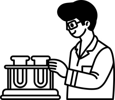 Laboratuvar önlüklü bir adam deney tüpü tutuyor. Gözlük takıyor ve yüzünde bir gülümseme var.