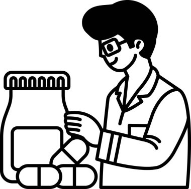 Laboratuvar önlüklü bir adam elinde bir kavanoz hap tutuyor. Gülümsüyor ve mutlu.