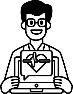 Bir adam üzerinde kalp olan bir tablet tutuyor. Gülümsüyor ve mutlu.