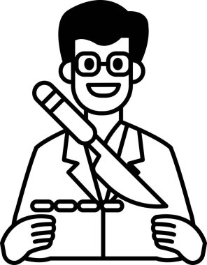 Bir adam bıçak tutuyor ve gülümsüyor. Laboratuvar önlüğü ve gözlüğü takıyor. Görüntü siyah ve beyaz.