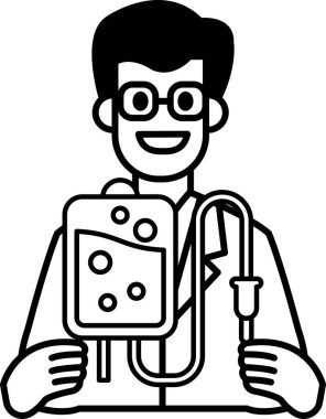 Elinde şırınga ve çanta tutan laboratuvar önlüklü bir adam. Gülümsüyor. Bir çizgi film karakterinin resmi.